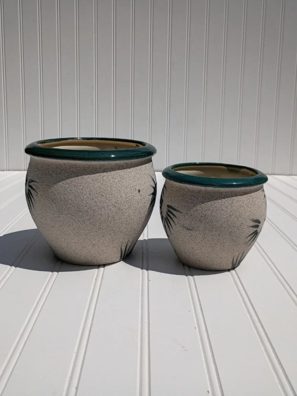 Vintage Pair of Pottery Planters Palm Tree Sandstone Glazed Ceramic Flower Pots